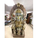 LARGE ANTIQUE INDIAN CARVING DEPICTING HINDU DEITIES AND HINDO GOD OF THREE FACES - TRIMARTI 100 X