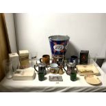 QUANTITY OF BREWERYANA - INCLUDES A MILITARY DRUM ICE BUCKET, DRINKING GLASSES, HARLEY DAVIDSON BEER