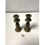 A PAIR OF TRENCH ART BULLIT CANDLESTICKS WITH ALBERT PLAQUES, 17CMS