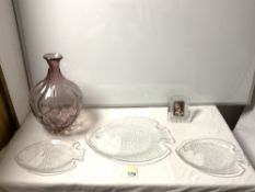WATERFORD CRYSTAL GLASS PHOTO FRAME THREE FRENCH GLASS FISH PLATES BY ARCOVOC AND MAUVE GLASS VASE