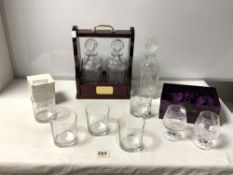 MODERN TWO-BOTTLE TANTALUS, A SINGLE GLASS DECANTER, AND FIVE WHISKY TUMBLERS WITH TWO BRANDY