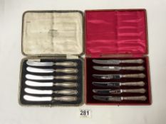 TWO SETS OF SIX HALLMARKED SILVER HANDLED TEA KNIVES IN CASES