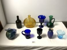 A BRISTOL BLUE GLASS GOBLET, AMBER GLASS FLASK VASE AND OTHER DECORATIVE GLASSWARE