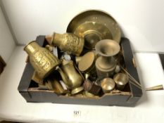 A PAIR OF EASTERN BRASS JUGS, AND A QUANTITY OF OTHER BRASS AND METAL WARE