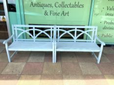 A PAIR OF PAINTED WOODEN GARDEN BENCHES, 122CMS