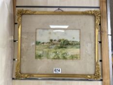 J. E WILSON 1913, WATERCOLOUR DRAWING CHILDREN PLAYING IN A FIELD, IN A GILT FRAME, 24 X 15CMS
