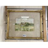 J. E WILSON 1913, WATERCOLOUR DRAWING CHILDREN PLAYING IN A FIELD, IN A GILT FRAME, 24 X 15CMS