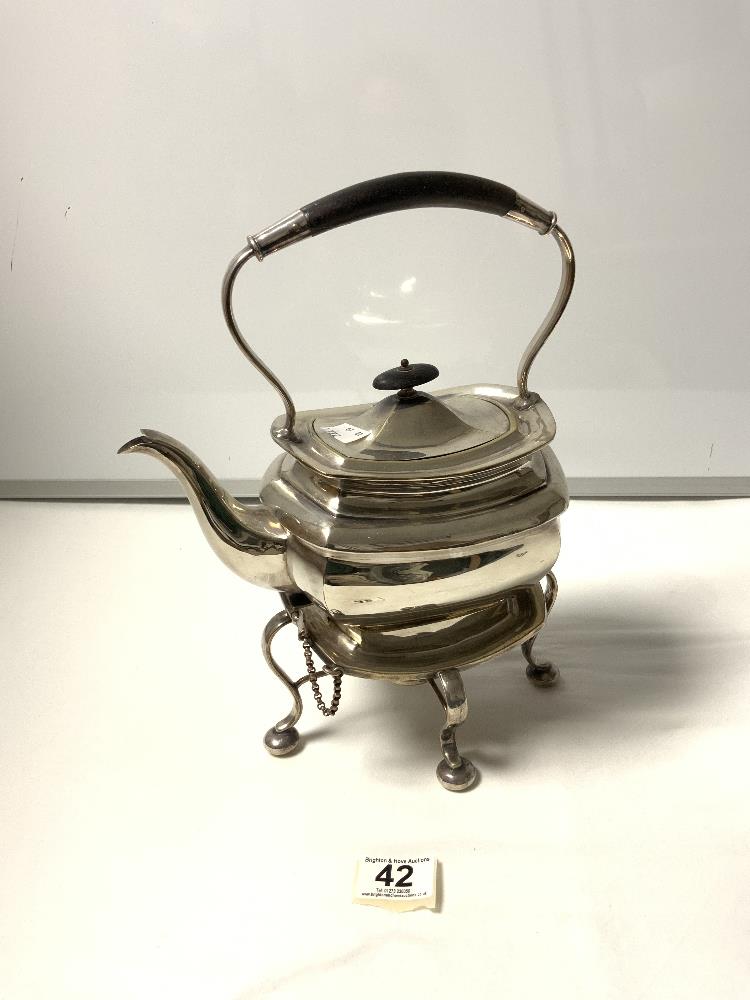 A SILVER-PLATED SPIRIT KETTLE ON STAND WITH BURNER