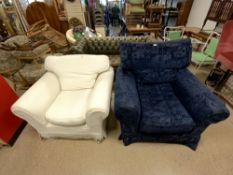 TWO LARGE UPHOLSTERED ARMCHAIRS WITH LOOSE COVERS, THE LARGEST 106 X 106CMS