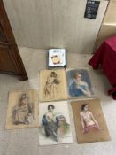 FOUR UNFRAMED PASTEL STUDIES OF LADIES, FOUR FRAMED PASTEL PICTURES (A/F), UNFRAMED PRINTS, VARIOUS