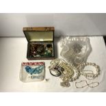 QUANTITY OF COSTUME JEWELLERY IN AN INLAID WALNUT BOX