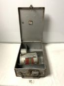A VINTAGE CONDUCTORS TICKET MACHINE IN METAL CASE MADE BY A B AIMEX SWEDEN, NO - 157NR 85429