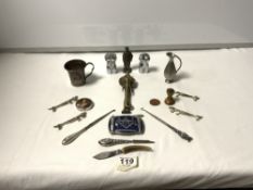 AMERICAN PEWTER MASONIC BELT BUCKLE, THREE SILVER HANDLED BUTTON HOOKS AND NAIL FILE, WITH OTHER