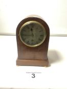 EDWARDIAN MAHOGANY DOME TOP MANTLE CLOCK, WITH INLAY AND SILVERED DIAL ON BRASS BUN FEET