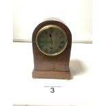 EDWARDIAN MAHOGANY DOME TOP MANTLE CLOCK, WITH INLAY AND SILVERED DIAL ON BRASS BUN FEET