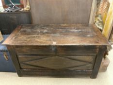 LARGE ANTIQUE OAK COFFER WITH LATER CARVED GEOMETRIC DESIGN, 140 X 70 X 66CMS