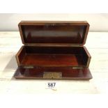 VICTORIAN AMBOYNA VENEERED KING WOOD BANDED BRASS BOUND RECTANGULAR GLOVE BOX, 29CMS