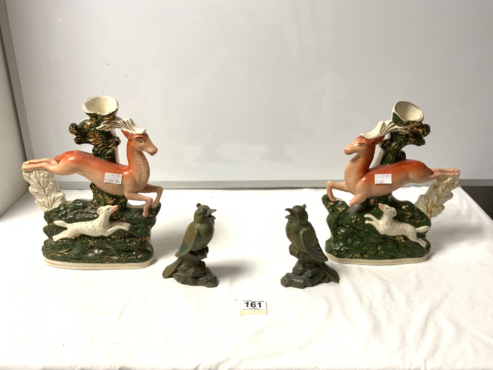 PAIR OF FRENCH ART DECO SPELTER FIGURES OF BIRDS AND A PAIR OF STAFFORDSHIRE DOGS