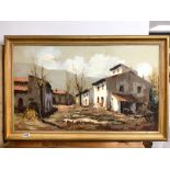 OIL PAINTING OF CONTINENTAL VILLAGE STREET, SIGNED M.VALERO, 98 X 58CMS