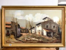 OIL PAINTING OF CONTINENTAL VILLAGE STREET, SIGNED M.VALERO, 98 X 58CMS