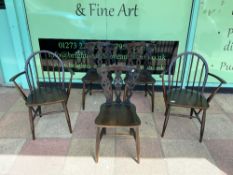 PAIR OF ERCOL STICK BACK ELBOW CHAIRS AND THREE OTHER ERCOL CHAIRS
