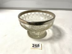 CUT GLASS CIRCULAR FOOTED FRUIT BOWL WITH A HALLMARKED SILVER RIM - 1899, MAKER KING AND SONS