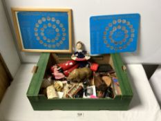 TWO 1970 WORLD CUP COIN COLLECTIONS MOUNTED IN CARD, SAILOR DOLL, CARVED WOOD PIG AND SUNDRIES