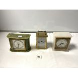 TWO ELLIOT GREEN AND WHITE STONE MANTLE CLOCKS AND AN ASTRAL QUARTZ CARRIAGE CLOCK