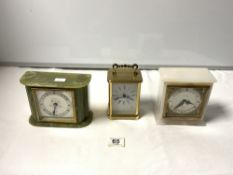 TWO ELLIOT GREEN AND WHITE STONE MANTLE CLOCKS AND AN ASTRAL QUARTZ CARRIAGE CLOCK