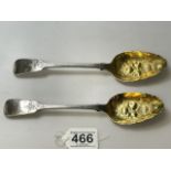 PAIR GEORGE III HALLMARKED SILVER TABLESPOONS WITH ENGRAVED TERMINALS AND GILT EMBOSSED BOWLS LONDON
