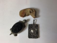 MIXED ITEMS CARVED SOAPSTONE, A COW, WHITE METAL TORTOISE PIN CUSHION, AND A HALLMARKED SILVER