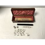 VICTORIAN AMBOYNA VENEERED, TULIP WOOD BAND AND BRASS INLAID RECTANGULAR GLOVE BOX, 32CMS