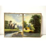 PAIR OF PAINTING ON GLASS - SMALL CASTLE BY A RIVER AND HOUSES BY A RIVER, 31 X 41CMS