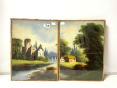 PAIR OF PAINTING ON GLASS - SMALL CASTLE BY A RIVER AND HOUSES BY A RIVER, 31 X 41CMS