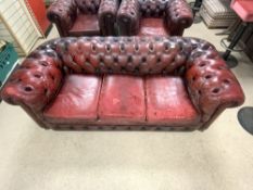 BUTTONED RED LEATHER CHESTERFIELD, 200 X 90CMS (SOME DAMAGE/WEAR TO CUSHIONS)