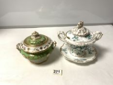 VICTORIAN RIDGEWAY PORCELAIN GREEN AND GILT DECORATED LIDDED TUREEN WITH TWO HANDLES AND A VICTORIAN