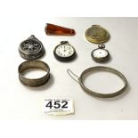 HALLMARKED SILVER BANGLE, NAPKIN RING TWO FOB WATCHES AND THREE OTHER ITEMS