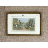 MABEL GARDNER, WATERCOLOUR DRAWING OF THATCHED COTTAGES AND FIGURES, SIGNED 17 X 30CMS