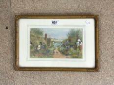MABEL GARDNER, WATERCOLOUR DRAWING OF THATCHED COTTAGES AND FIGURES, SIGNED 17 X 30CMS