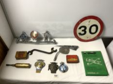 TWO AA CAR BADGES, RAC CAR BADGE, CHROME CAR MASCOT, AND OTHER MOTOR-RELATED ITEMS