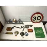 TWO AA CAR BADGES, RAC CAR BADGE, CHROME CAR MASCOT, AND OTHER MOTOR-RELATED ITEMS