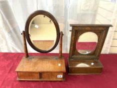 MAHOGANY TOILET MIRROR WITH TWO DRAWERS, AND A CARVED OAK MIRROR WITH CARVED FRAME