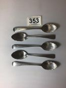 A MATCHED SET OF FIVE GEORGE III HALLMARKED SILVER BRIGHT CUT TEASPOONS WITH SHELL-SHAPED BOWLS,