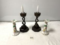PAIR OF WOODEN OPEN TWIST CANDLESTICKS 22CMS AND A PAIR OF PORCELAIN CANDLESTICKS
