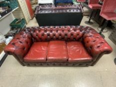 BUTTONED RED LEATHER CHESTERFIELD, 200 X 90CMS