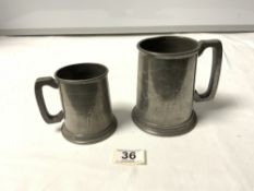 ENGLISH PEWTER TANKARD ENGRAVED WITH WORLD MAP AND A SMALLER PEWTER TANKARD