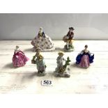 THREE SITZENDORF PORCELAIN FIGURES OF FLOWER SELLERS, THE TALLEST 14CMS, A DERBY STYLE FIGURE, AND