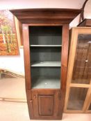 STAINED PINE OPEN CABINET WITH PAINTED SHELVES AND SINGLE CUPBOARD, 84 X 42 X 184CMS
