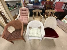 PAIR LYRE BACK KITCHEN CHAIRS, LLOYD LOOM CHAIR, AND THREE VARIOUS WICKER CHAIRS