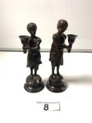 A PAIR OF 20TH CENTURY BRONZE FIGURAL CANDLESTICKS, 25CMS